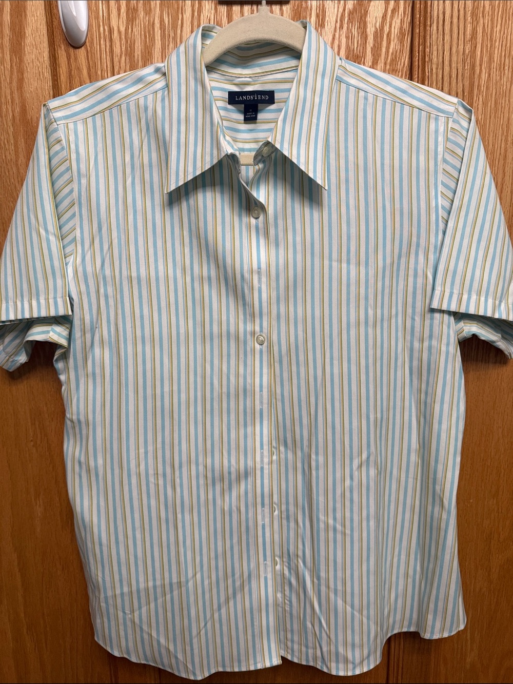 Lands' End Women’s Short-Sleeve Striped Button-Down Shirt - Blue, yellow & White